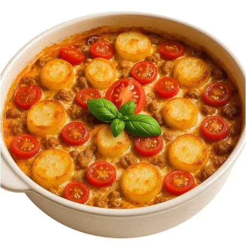 Kartoffelauflauf mit Hackfleisch, frischen Tomaten