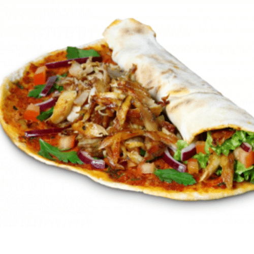 Lahmacun mit Hähnchenfleisch, Salat, Soße