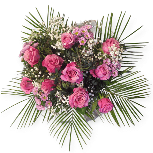 Rosa Rosen mit Palmgrün und Schleierkraut , tropisch und feminin