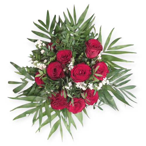 Tiefrote Rosen im grünen Kranz , klassisch, stilvoll, voller Tiefe