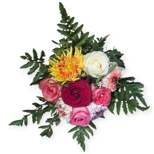 Ein bunter Wirbel aus Dahlien, Rosen und Chrysanthemen , voller Lebenslust