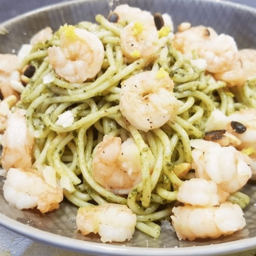 Spaghetti Pesto Scampi