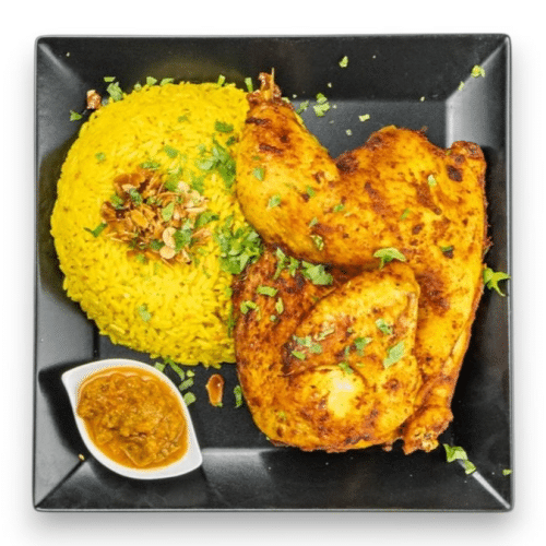 Rreis mit Halben Hähnchen mit Salat