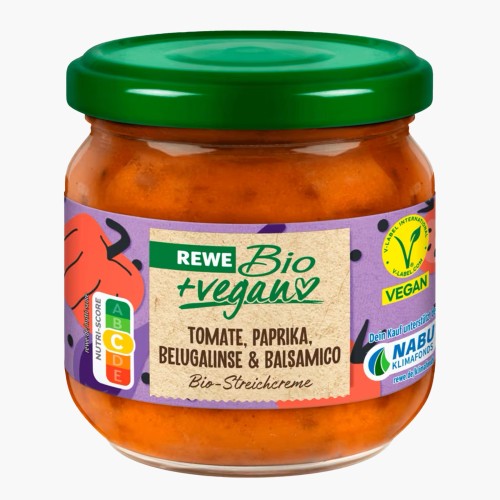 Rewe Bio + vegan Streichcreme Tomate, Paprika, Belugalinse & Balsamico 180g