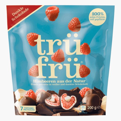 Trüfrü gefrorene Himbeeren in weißer und dunkler Schokolade 200g