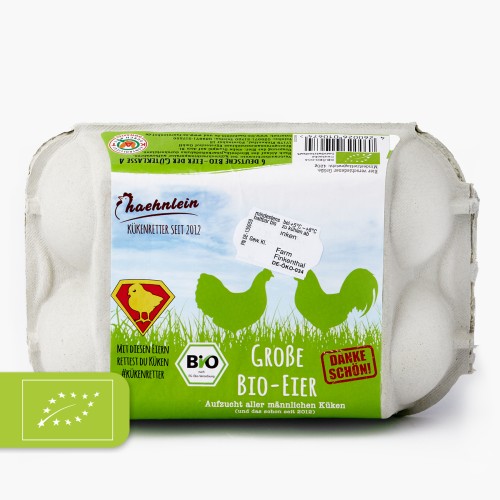 Haehnlein Bio Eier Kl. S-L 6 Stück (mit Bruderhahn Aufzucht)