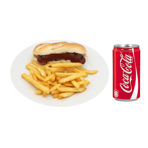 Rind Wurst Im Baguette-Brötchen Menü mit Cola & Pommes