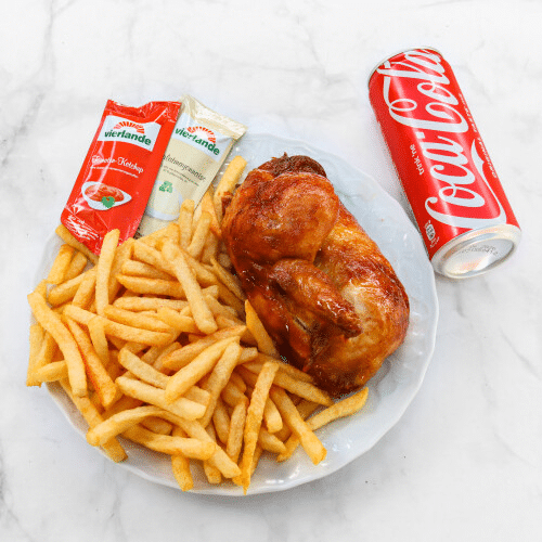 Halbes Hähnchen mit Getränk Ihrer Wahl und Pommes