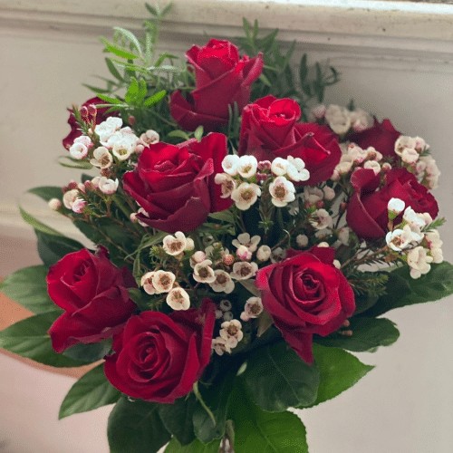 20 rote Rosen mit Schleierkraut