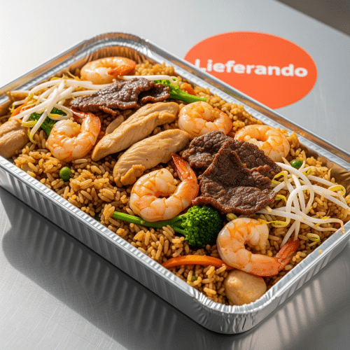 Gebratener Reis mit Garnelen, Hähnchenfleisch und Rindfleisch,