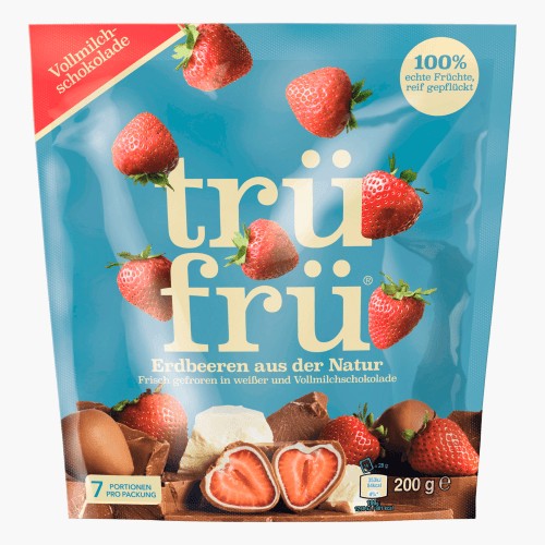 Trüfrü gefrorene Erdbeeeren in weißer und Vollmilchschokolade 200g