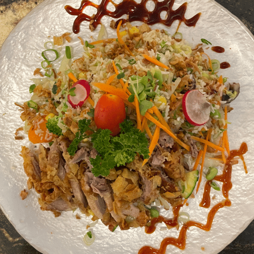 Knusprige Ente mit gebratenem Reis und Gemüse und Teriyaki-Sauce