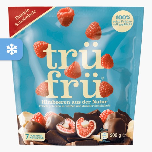 Trüfrü gefrorene Himbeeren in weißer und dunkler Schokolade 200g