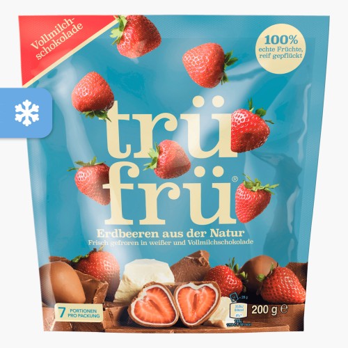 Trüfrü gefrorene Erdbeeeren in weißer und Vollmilchschokolade 200g
