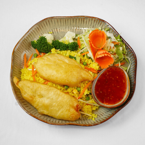 Gebratener Reis - Hühnerbrustfilet gebacken im Teig