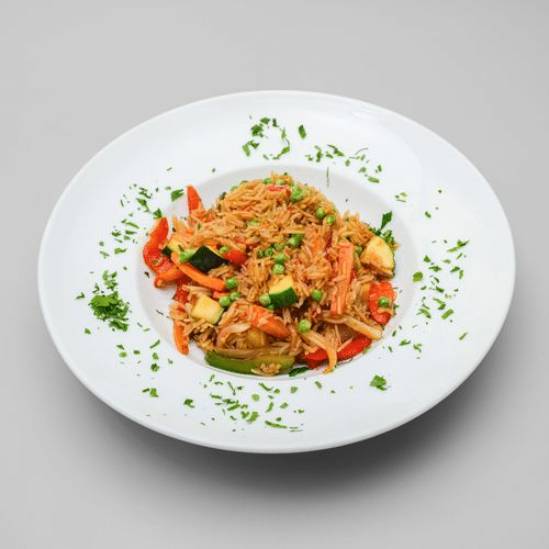 Gebratener Reis mit Putenfleisch, Gemüse und Sojasauce