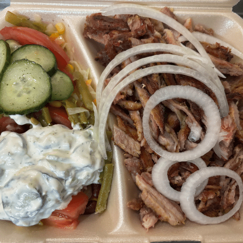 Gyros mit einer Beilage nach Wahl (Reis oder Salat)