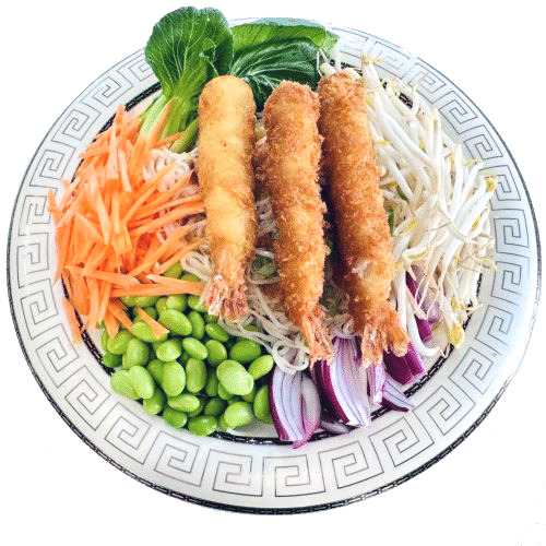 Eiernudeln mit 5stk Tempura Garnelen Tempura Sauce
