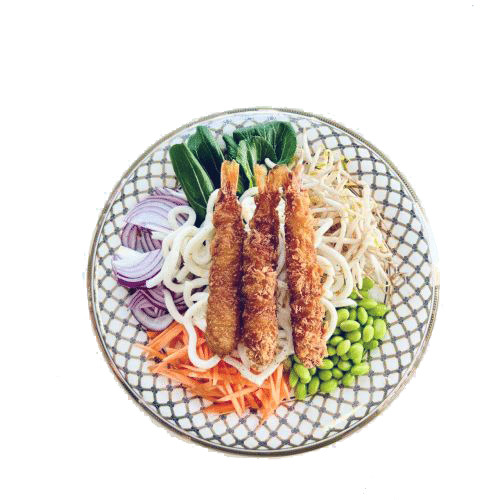 Japanische Udon-Nudeln mit 5 stk Tempura Garnelen .Tempura Sauce