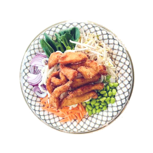 Udon-Nudeln mit panierte Hähnchenstreifen (ohne Glutamat und Öl)