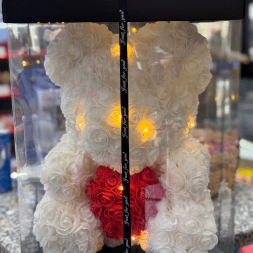 Rosenteddy in weiß ca 40cm mit Lichterkette
