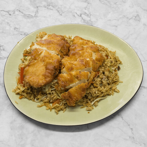 Bratreis mit gebackenem Hühnerfleisch