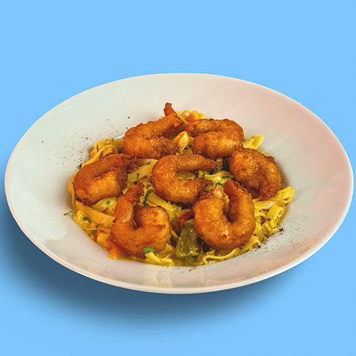 Bandnudeln mit Garnelen-Curry-Sauce