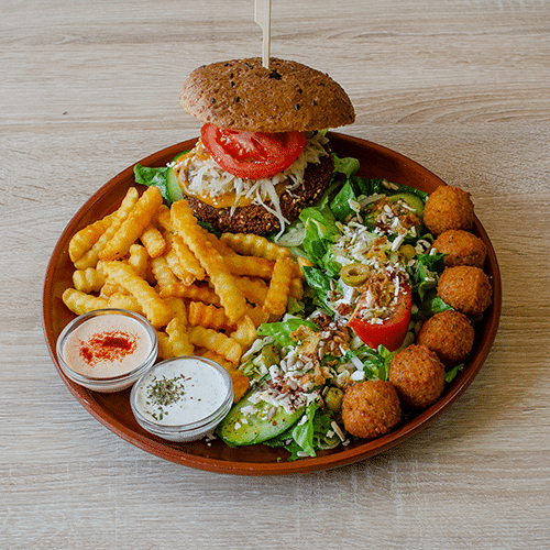 Seitan-Kichererbsen Burger Platte