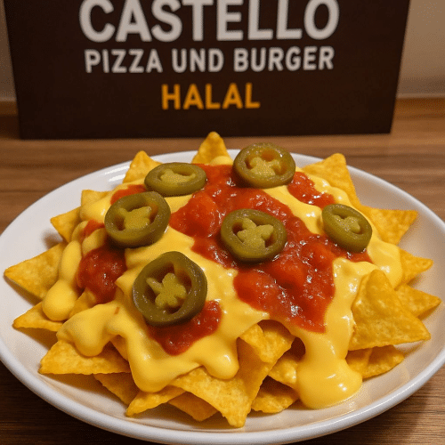 Nachos mit Jalapenos, Cheesesauce,