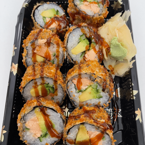 Roll California Lachs Avokado, Gurke, Crunchy