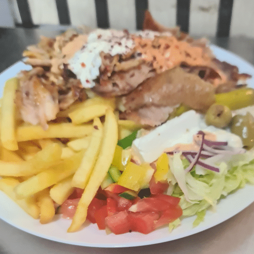 Drehspieß-Teller mit gebratenem Gemüse