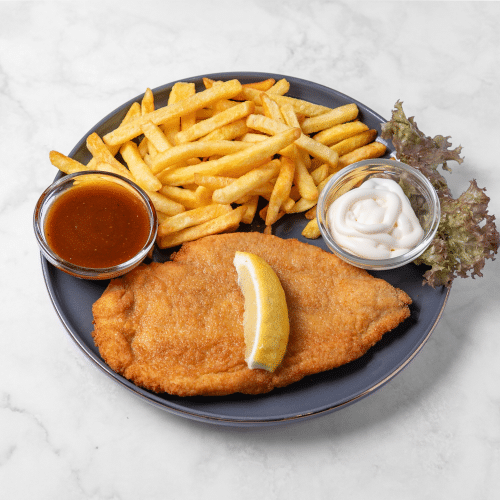 Hähnchenschnitzel mit Pommes frites