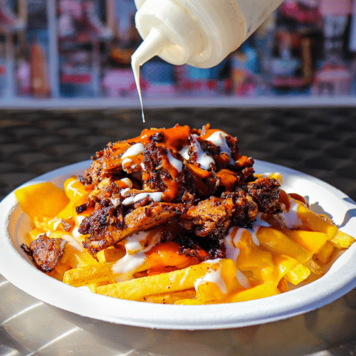 Jamaican Jerk Chicken mit loaded Pommes frites,