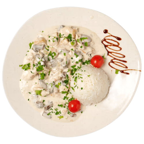 Hähnchen & Pilzrahm mit Reis
