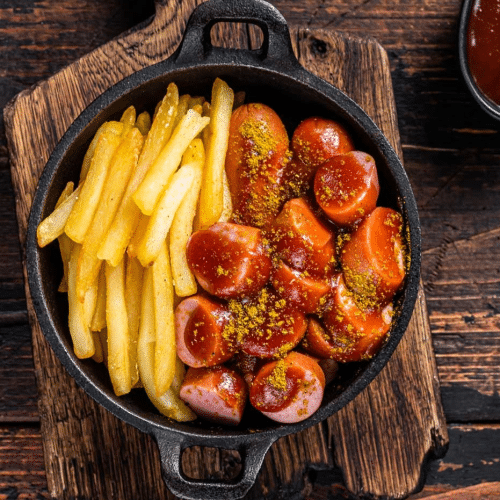 Currywurst Teller ( mit Pommes ) aus Geflügel