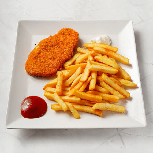 Hähnchenschnitzel mit Pommes frites