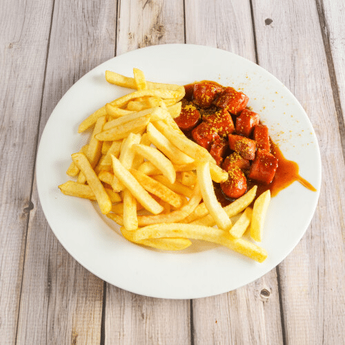 Curryrindwurst mit Pommes