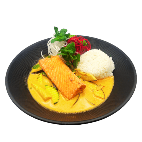 Knuspriger Lachs auf Limetten Curry Sauce