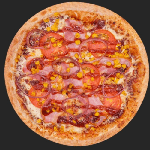 Pizza Hühnerfleisch, Tomatenscheiben und Zwiebeln