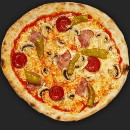 Pizza Salami, Rinderhackfleisch und Champignons