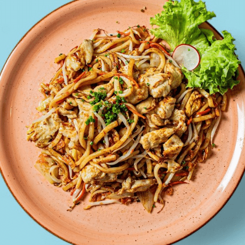 Gebratene Udon Nudeln mit Hähnchenfleisch
