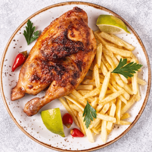 Halbes Hähnchen mit Pommes
