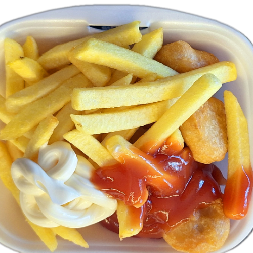 Chicken Nuggets 12 st. mit Pommes frites, Ketchup und Mayonnaise