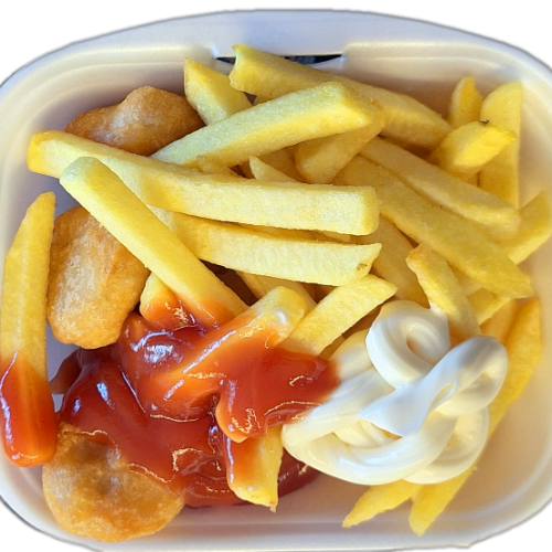 Chicken Nuggets 9 st. mit Pommes frites, Ketchup und Mayonnaise