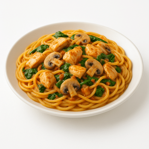 Spaghetti mit Hähnchenfleisch, Spinat, Champignons