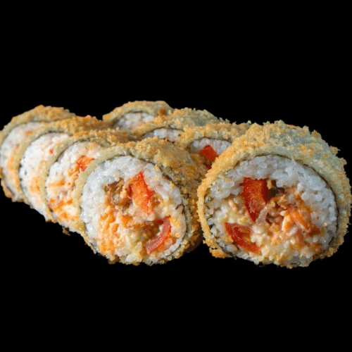Hot Roll mit gebackenem Lachs, Garnelen, Tobiko, Cheddar, Tomate