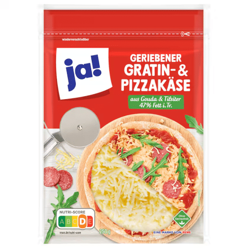 ja  Geriebener Gratin- und Pizzakäse 250g