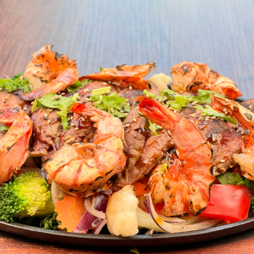 Gegrilltes argentinisches Roastbeef mit Garnelen