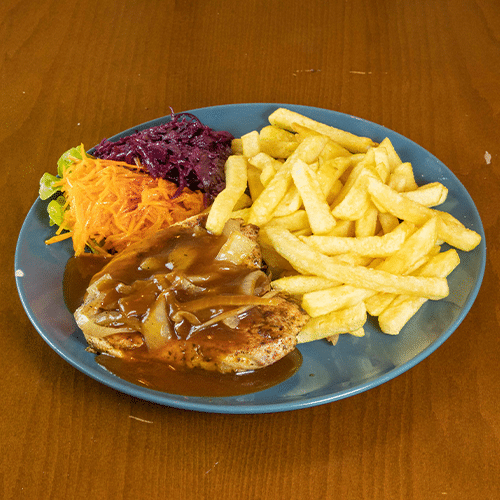 Mariniertes Schweinerückensteak mit Pommes frites,