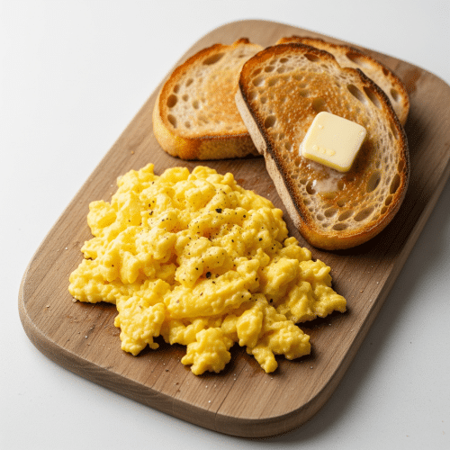 Rührei mit Brot und Butter